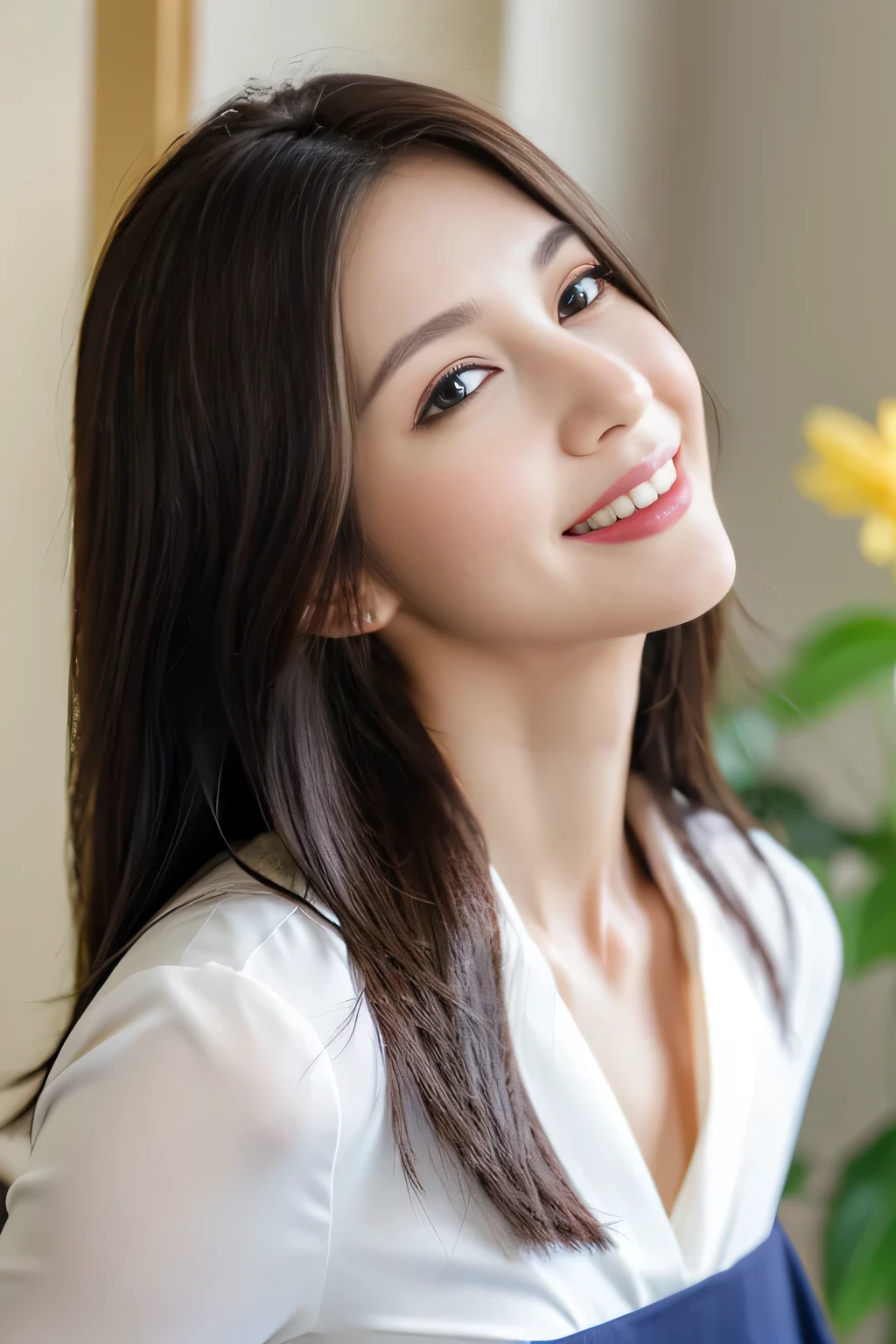 light brown, Shaggy, Medium Long Hair、beautiful woman with white skin、gray-green eyes、Beautiful symmetrical face、Look closely at the camera、Listen carefully、Cute Smile、Long hair with movement、Hair between the eyes、 Beautiful 20 year old woman、Beautiful supermodel with a small face、very tall supermodel、long neck supermodel、Show off your beautiful décolletage、tilt your head slightly to the right、tilt the body slightly to the left、Very beautiful smile、Rainbow colored highly artistic fine technique brush paint background、A beautiful woman with adult charm、((The whole body is visible))、I'I at work、OL、Office Casual Suit Setup、Foliage plant、computer、Gray desk、Shiny short pencil skirt、Buttoned shirt in white collar、Close button、accessories、Adult female、((shrapnel、Side Shot))、Laughter、
