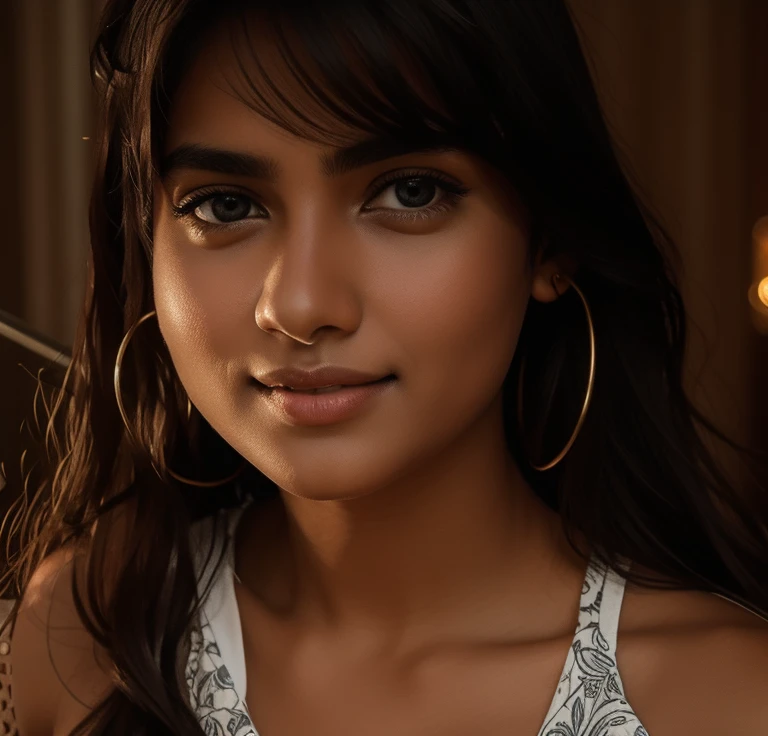 there is a woman with a flowered top and hoop earrings, 23 indian girl with fair skin, 22 years old, 20 years old, selfie of a young girl, 19 years old, headshot profile picture, 23 years old, with accurate face, (realistic:1.0) ultra hd 8k, (epicrealism:0.5) 