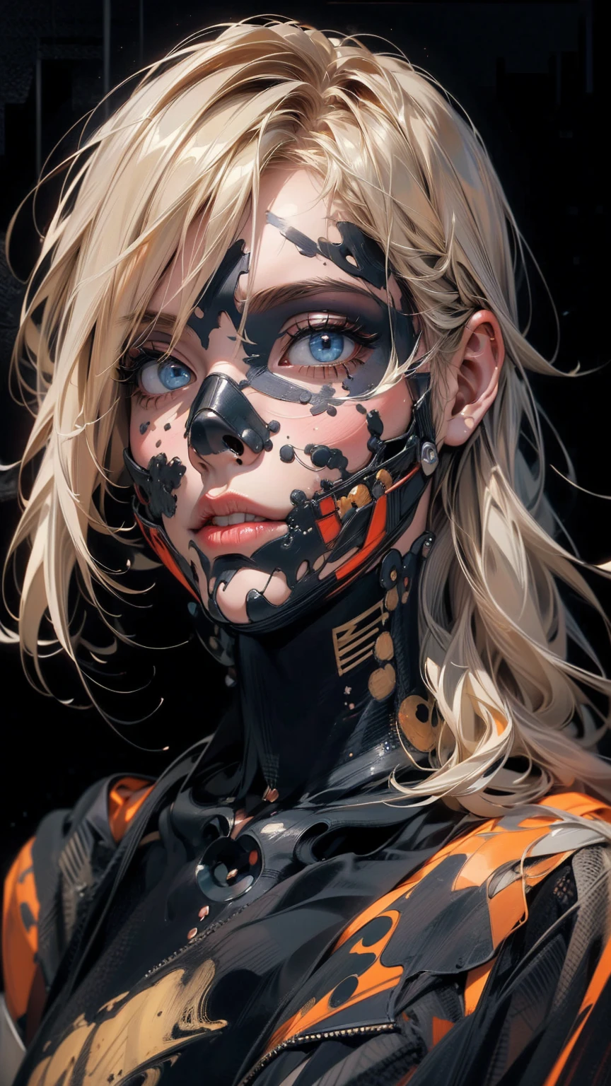 (masterpiece, High resolution, highest quality), Upper body focus:1.3, A 20-year-old woman wearing a large black cloth over her naked body., Skull Face Mask, Blonde Hair, Disorganized, Skull Collage, abstract design, artistic juxtapositions, Black Background, mixed-media approach, Anime Style, simple lines, Digital Painting,