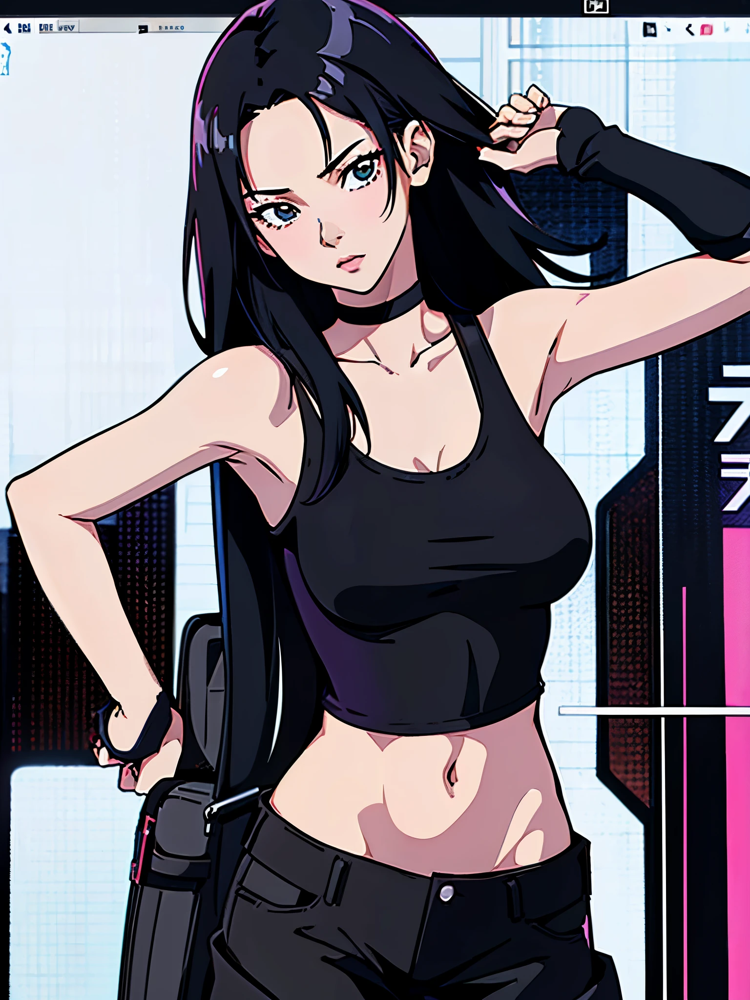 digital art drawing, illustration of (karina from k-pop group aespa, girl, long black hair middle part, brown eyes, wearing a black choker on her neck, white tank top, baggy black cargo pants, cyberpunk 2077), anime drawing/art, bold linework, illustration, digital art, masterpiece, flat illustration, no shadows, 8k resolution, high detail, vector art, only anime, perfect eyes, perfect hands, sharpness, high clarity, medium close up, high fidelity
