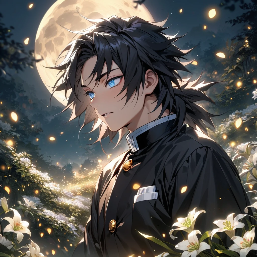 absurdres, highres, ultra detailed, HDR, master piece, best quality, Tomioka Giyu, untamed black hair, expressive blue eyes, Kimetsu No Yaiba, 1man, handsome, demon slayer uniform, petals, white lilies, moon, fireflies