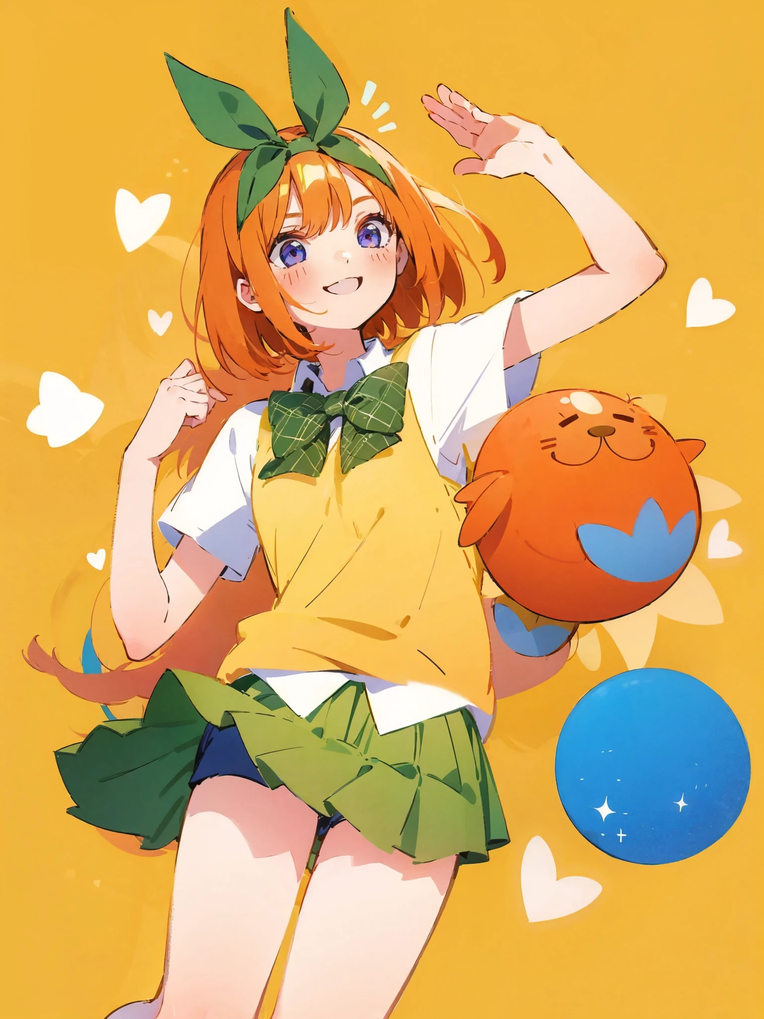 1 girl, solo, masterpiece, aesthetic, sparkle, blue lilac violet tones, blue purple sparkling dreamy atmosphere, best quality, illustration, minimal design for a t-shirt, yotsuba nakano in a dynamic pose, orange bob hair, orange shoulder length hair, green ribbon, minimal design, flat shapes, green bowtie, yellow sleeveless sweater, collared white shirt, green pleated skirt, , Good shapes, perfect lines, perfect lineart, professional, good, cute, tender expression, lovely, , smile, sweet eyes,