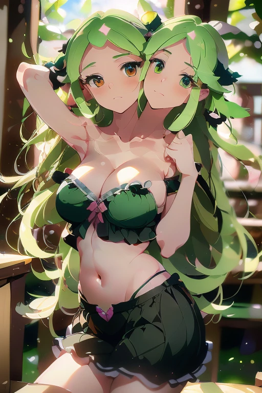 (masterpiece, best quality), best quality, best resolution, (ultra-detailed), (3heads:1.5), 1girl, (fuma mishandra:1.3), masterpiece, best quality, ultra quality, ultra resolution, ultra detail, black top, crop top, ((stomach)), midriff, ((groin)), black skirt, miniskirt, normal ears, shackles, green hair, very long hair, wavy hair, sidelocks, green eyes, parted lips, open belly, sweat, cute, toned belly, hand on own chest, eyelashes, (24 year old woman:1.3), (masterpiece:1.5), (best quality:1.5), (beautiful detailed), extremely detailed CG, extremely delicate and beautiful, depth of field, (finely detailed face), (perfect details:1.2), (mature female:1.3), wide pelvis, slender, large veiny breast, 16k resolution, highres, high quality, high definition, extremely detailed, masterpiece, green hair, long hair, alluring presence, twin braid, short skirt, close up, big tits, young, girl with three heads,