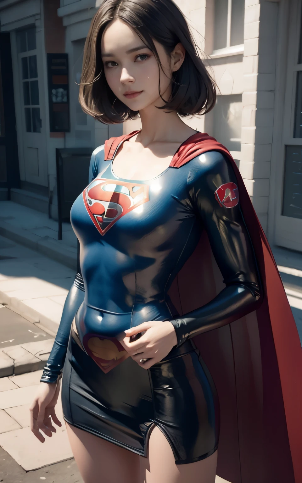 Woman defined body, dark short hair,21 years old,big breasts,Supergirl costume dress