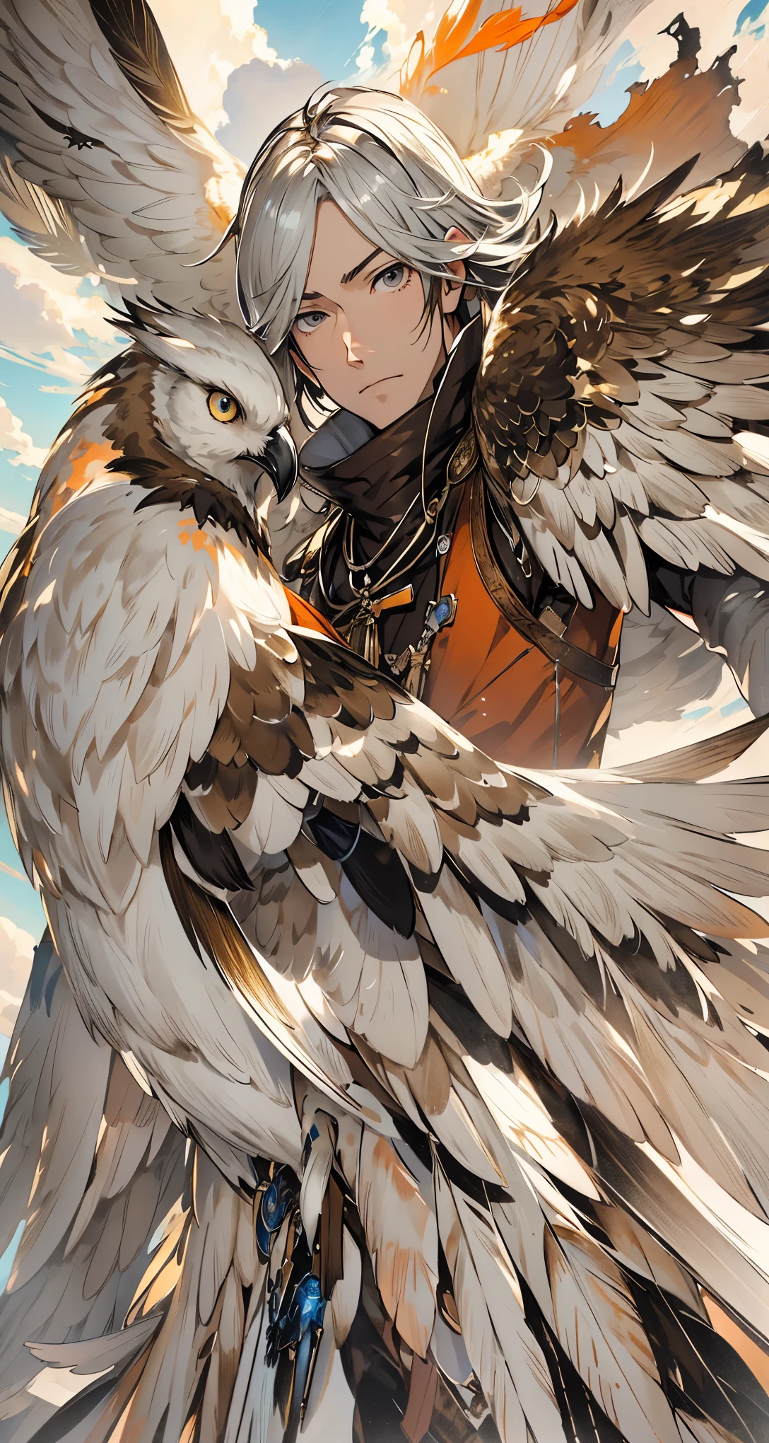 Close-up of falling bird feathers,  Color (White, Brown, Orange,Gray, Colored)  spinning, fall with the clouds,  feather wind, fluffy clouds, casimir art, illustration of shigenori soejima, boris valejo.  Detailed drawing of an anime character, detailed anime key figure, Granblue Fantasy, Beautiful owl in demon slayer art, Taisho Roman, A clear portrait of an RPG, Masamune Shiro, anime key figure