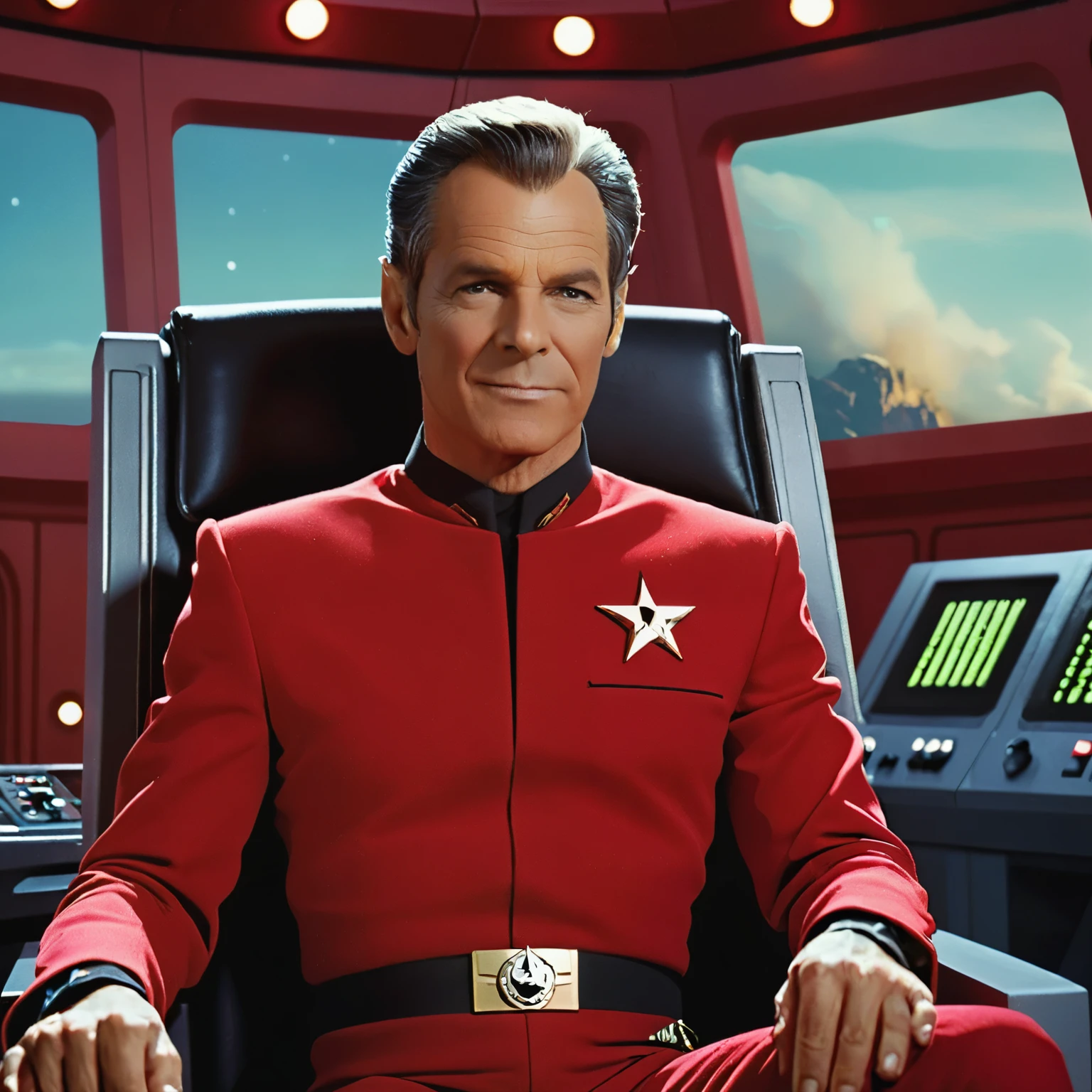 Karlach Cliffgate in a red starfleet uniform sitting in the captain's chair on the enterprise