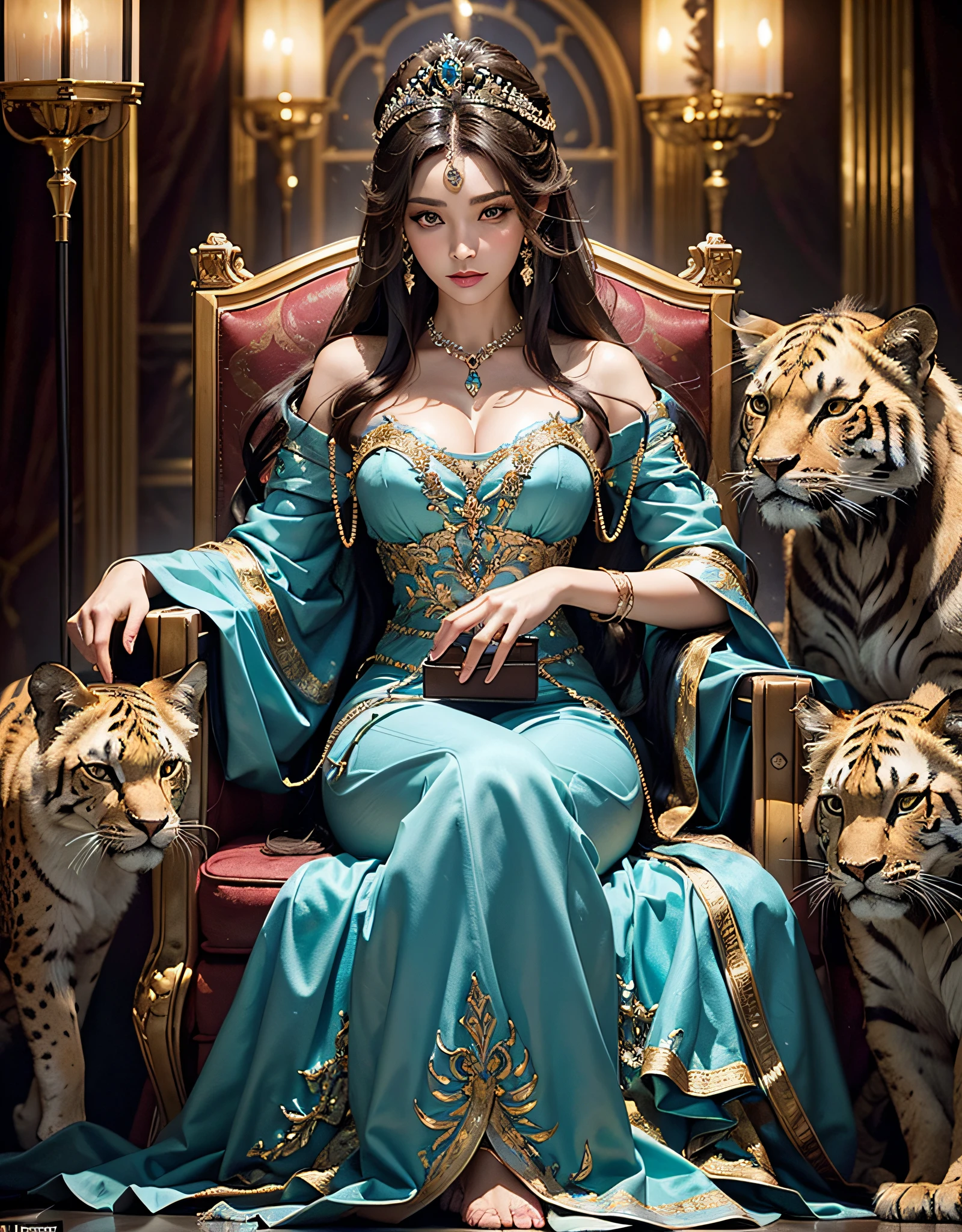 Content: A royal princess adorned in lavish attire, surrounded by fierce and majestic wild cats such as lions, panthers, leopards, and tigers
Medium: Studio photography with meticulous attention to detail and high-quality lighting techniques
Style: Fashion-forward and opulent, showcasing the intersection of regality and untamed beauty
Lighting: Intimate and dimmed lighting, creating an enchanting and alluring atmosphere
Composition: The princess is positioned at the center of the frame, exuding confidence and elegance, while the wild cats are strategically placed around her, capturing their power and grace. The intricate luxury interior enhances the sense of grandeur and sophistication. The overall composition evokes a sense of harmony between the princess and the wild beasts, highlighting their mutual respect and strength. The studio light accentuates the fine details of the princess's attire and the majestic features of the wild cats, creating a visually captivating and high-fashion aesthetic. This photography captures the essence of a powerful and captivating woman surrounded by untamed beauty.