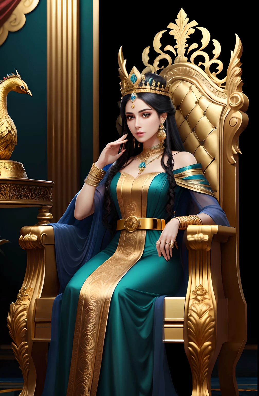 Queen of Babylon , with black hair and yellow green eyes, is glossy-skinned, looks gorgeous and dignified, has high self-esteem, wears long blue queen dress with jeweled belt, beautiful queen with perfect look, perfect body, beautiful face, puts on an golden crown, is sitting on golden throne, is commanding servants, Babylon iraqi palace, Peacocks, Babylon mythology, splendid atmosphere, photorealistic, super high quality, super detail, description of ultra-accurate, precise hands, masterpiece, 8K, HDR