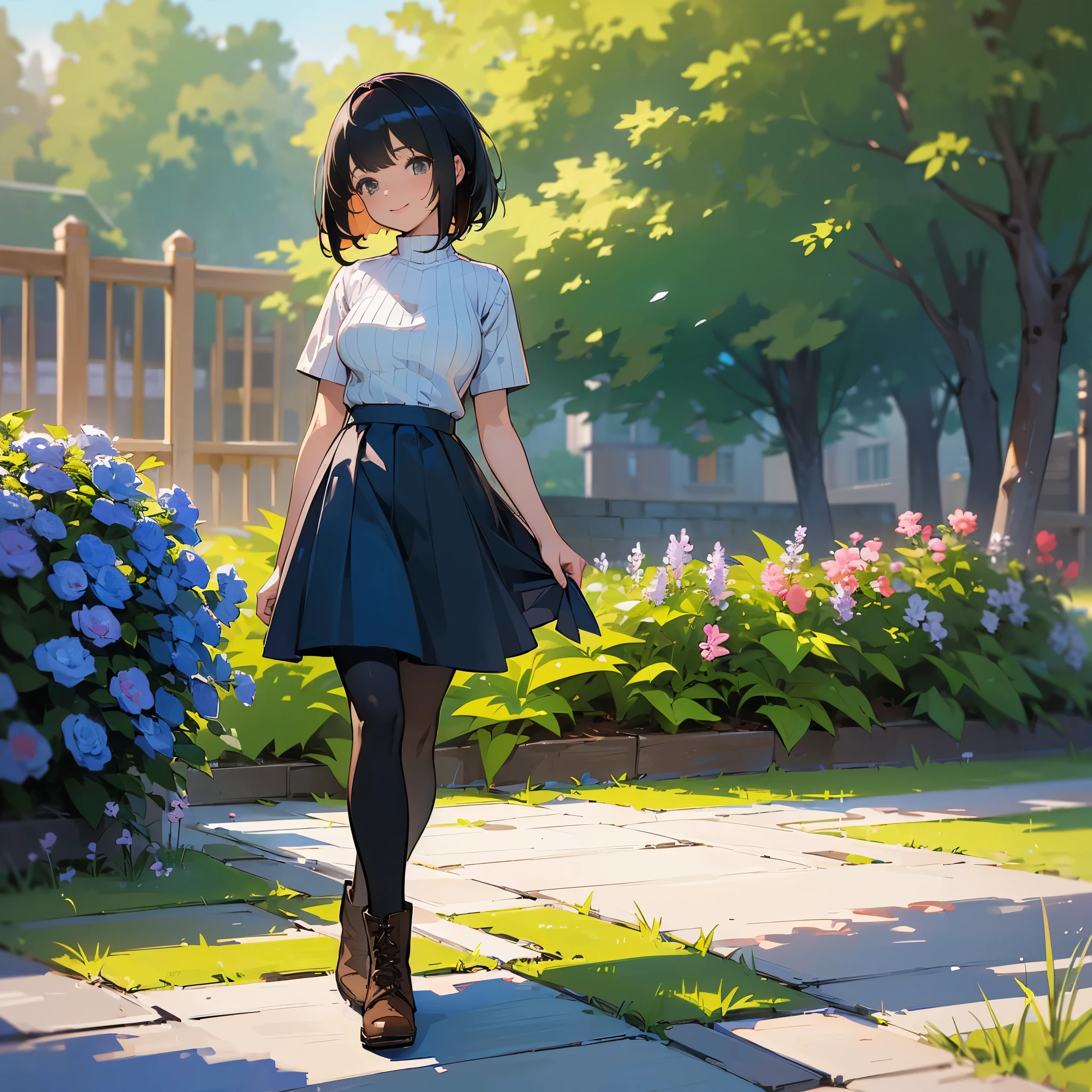 (high quality, High resolution, Very detailed, reality:1.37), Peaceful atmosphere, (Outdoor, garden), teenage girl standing alone, (my breasts are big.), Beautiful detail features, Cute Smile, (Black bob hair), Short sleeve ribbed sweater, Blue Skirt, black tights, Brown boots.