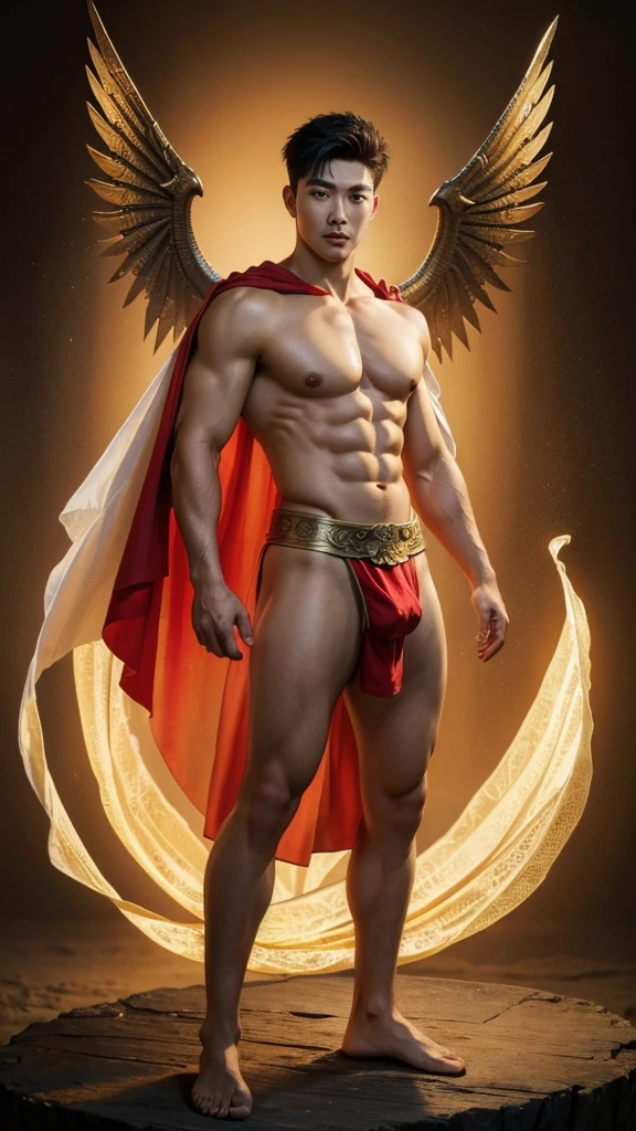(photorealistic, masterpiece, best quality, super realistic), handsome asian male, chinese man, manly, handsome actor,20 years old young, athletic body, muscular, big chest abs, japonais, dragon rouge, gabarit humain, brawny, avec des ailes d'ange, Focus on shoulders, Details about human eyes, with a golden cape, armure dieux grecs, torse couvert, avec une culote, highly quality, meilleure chef d'oeuvre wearing only a loincloth, artistic and magical background, chinese mythology, lunar new year inspired, reds and golds, fantasy art, naked full body, see dick, long big dick, dick and balls in correct shape, open legs, the view from the bottom up,