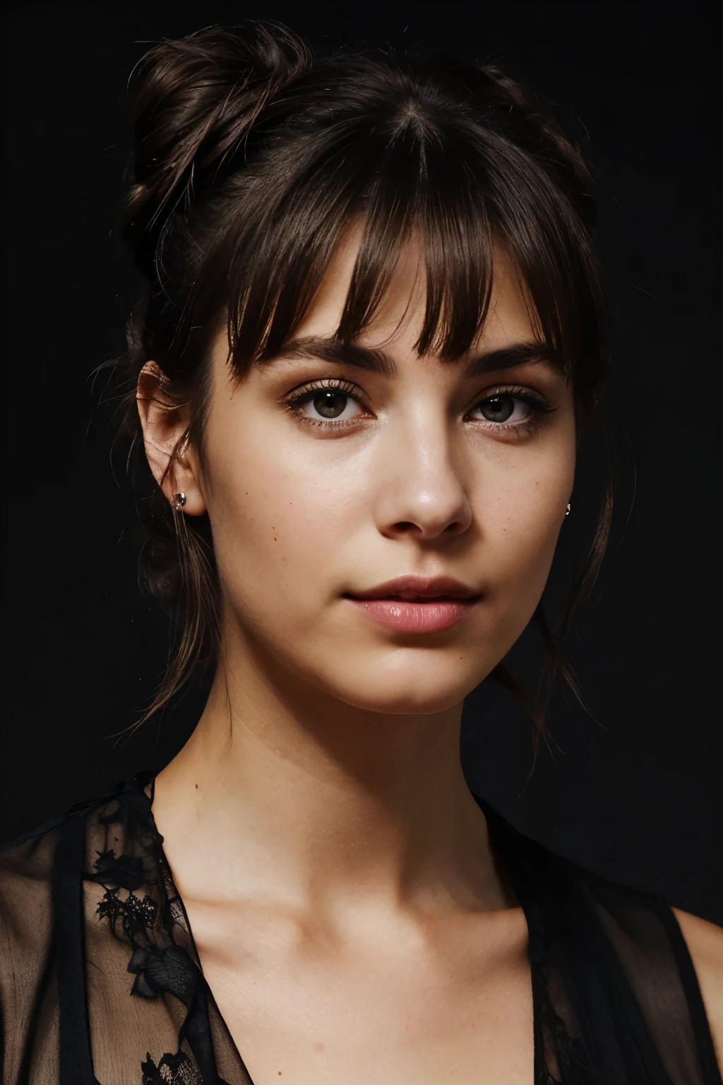 Contact visuel d'a brunette with bun hair and a dark theme