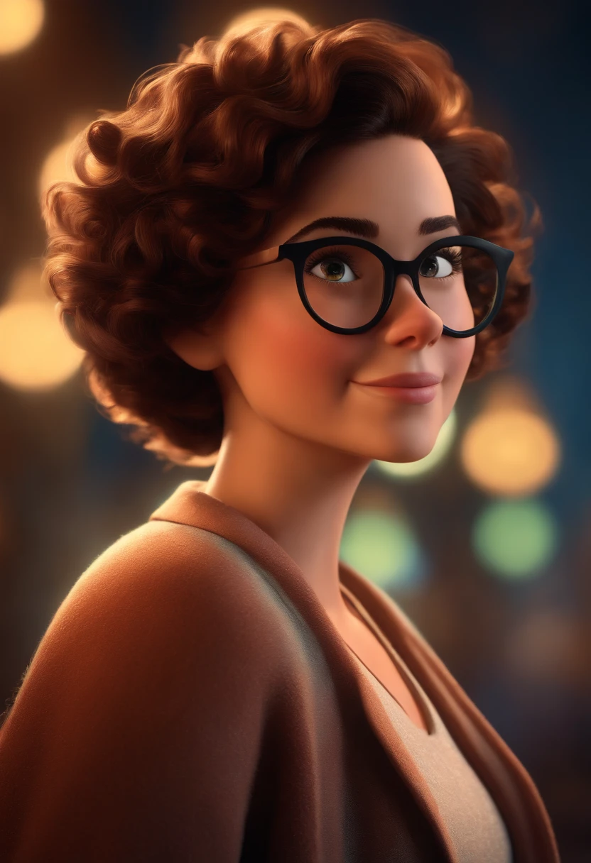 Pixar style image with 3D character white glasses brunette woman short curly hair on shoulder, Maquiagem Disney, sorridente ,Close-up, Pixar, Disney, Cinema lighting,