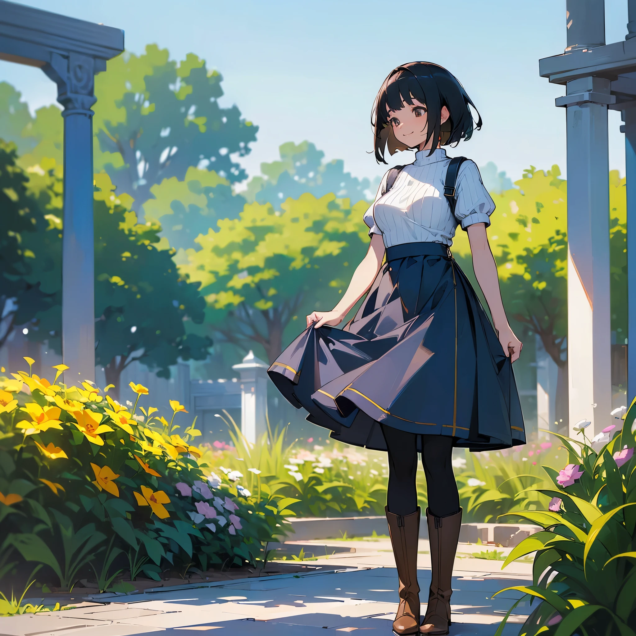 (high quality, High resolution, Very detailed, reality:1.37), Peaceful atmosphere, (Outdoor, garden),  girl standing alone, (my breasts are big.), Beautiful detail features, Cute Smile, (Black bob hair), Short sleeve ribbed sweater, Blue Skirt, black tights, Brown boots.