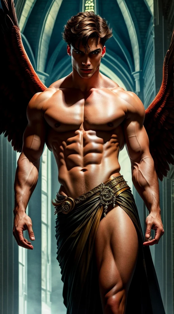 (extremely detailed 8k wallpaper), a medium shot shot of a young male model, masculine features, blue eyes, brown hair, strong jawline, fit body, which tall, full body, prince aesthetic, gothic architecture, shirtless, soft lighting, beauty lighting , huge massive black angel wings,