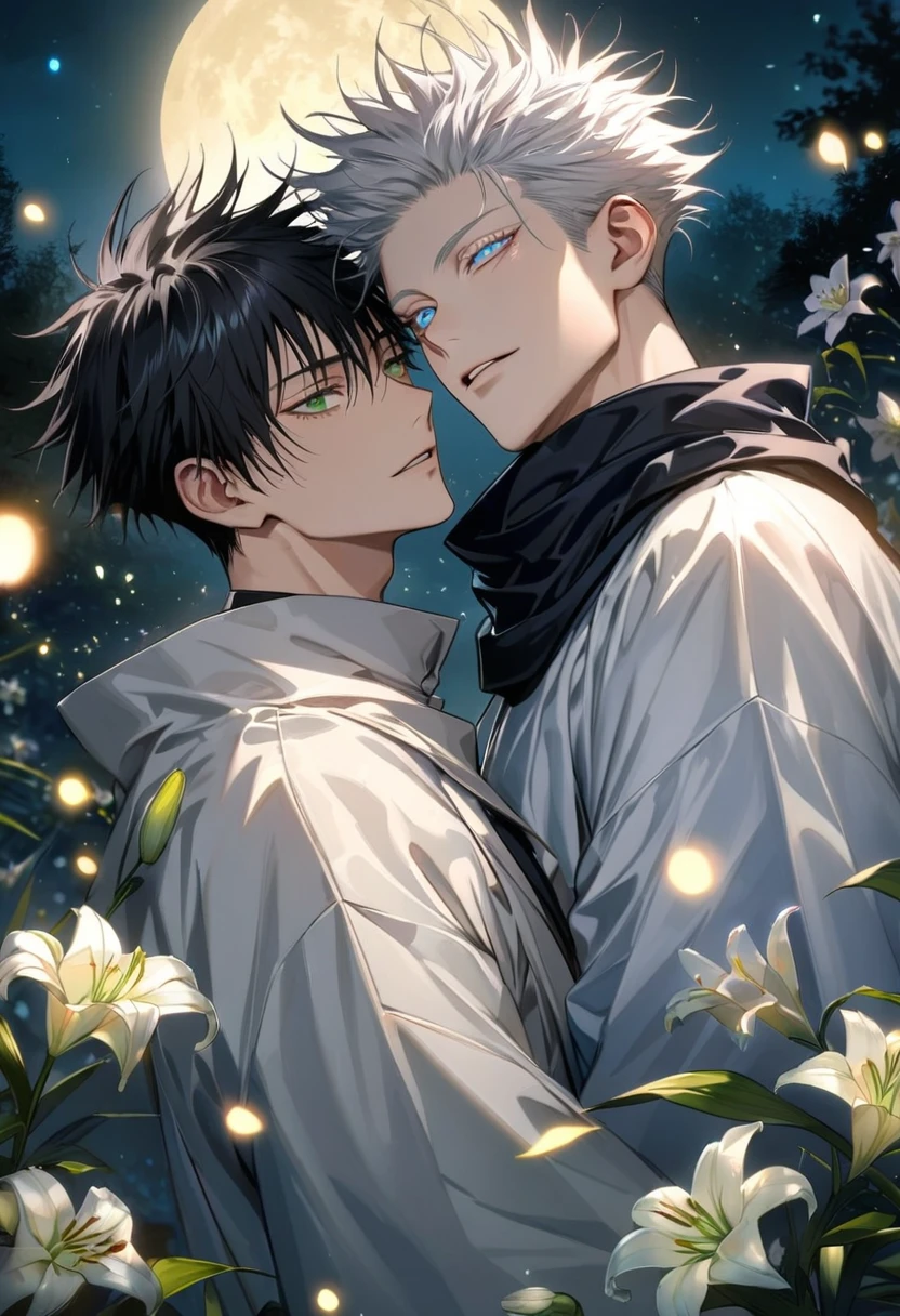 Ultra detailed, highres, absurdres, HDR, Fushiguro Megumi, black hair, green eyes, Gojou Satoru, white hair with bangs, blue eyes, white eyelashes, Jujutsu Kaisen, lilies flowers, petals, fireflies, moon, 2 men together, gay couple, handsome, very detailed face and eyes, black scarf, white haori,