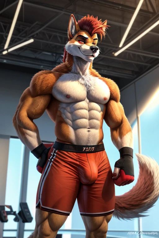 ((best quality)), ((masterpiece)), (detailed), perfect face, Furry, 24 years old, size 12.5 feet, Anthropomorphic wolfdog, 70% Wolf, 25% Tamaskan wolfdog, 5% Dingo, 6'7 and 233 lbs, 50" Chest, 21" Shoulders, 17" Biceps, 36" Waist, 25" thighs, 17" calves, 20" back, orange fur, red fur on tips of his ears, red fur at the end of his tail, red hair, mohawk hairstyle, red eyes, shirtless, wearing black compression shorts, 7" bulge, defined genitalia, bulge outline, barefoot, wearing black bandana around forehead, wearing red boxing gloves, eight abs, well defined abs, flexing bicep, on hand hip, smirking, looking proud, acting cocky, gym scene, dynamic lighting, perfect shading, soft shading, soft colors, vivid colors, pastel colors