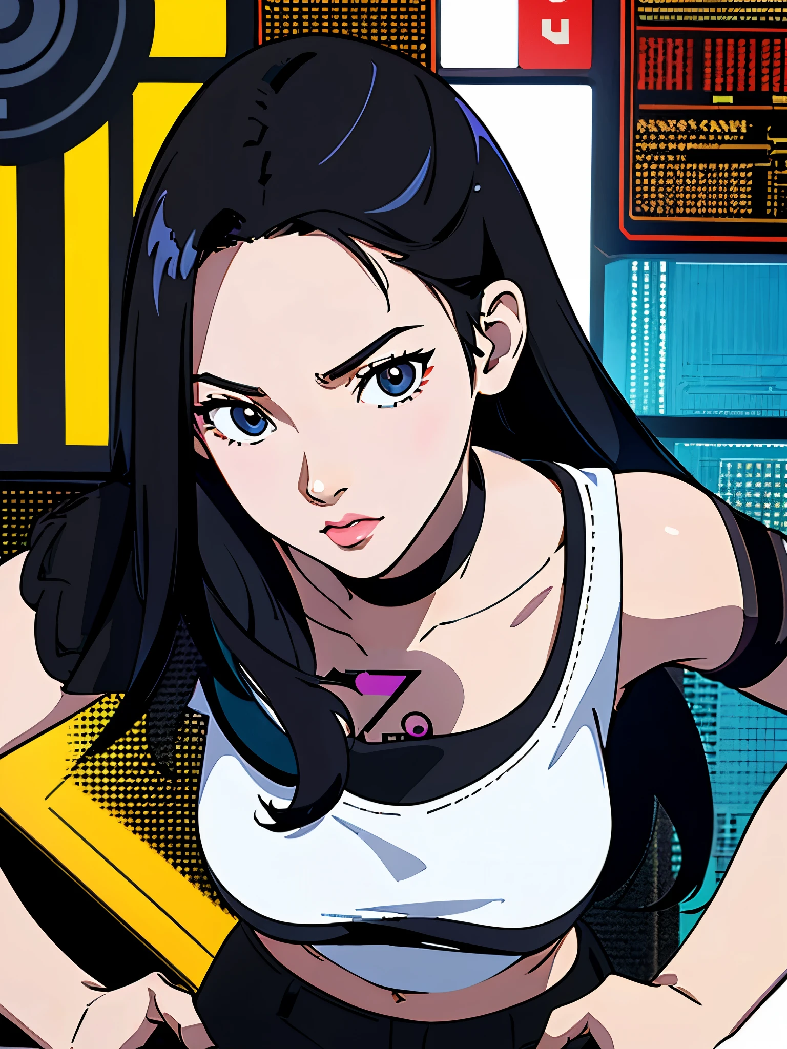 digital art drawing, illustration of (karina from k-pop group aespa, girl, long black hair middle part, brown eyes, wearing a black choker on her neck, white tank top, baggy black cargo pants, cyberpunk 2077), anime drawing/art, bold linework, illustration, digital art, masterpiece, flat illustration, no shadows, 8k resolution, high detail, vector art, only anime, perfect eyes, perfect hands, sharpness, high clarity, medium close up, high fidelity
