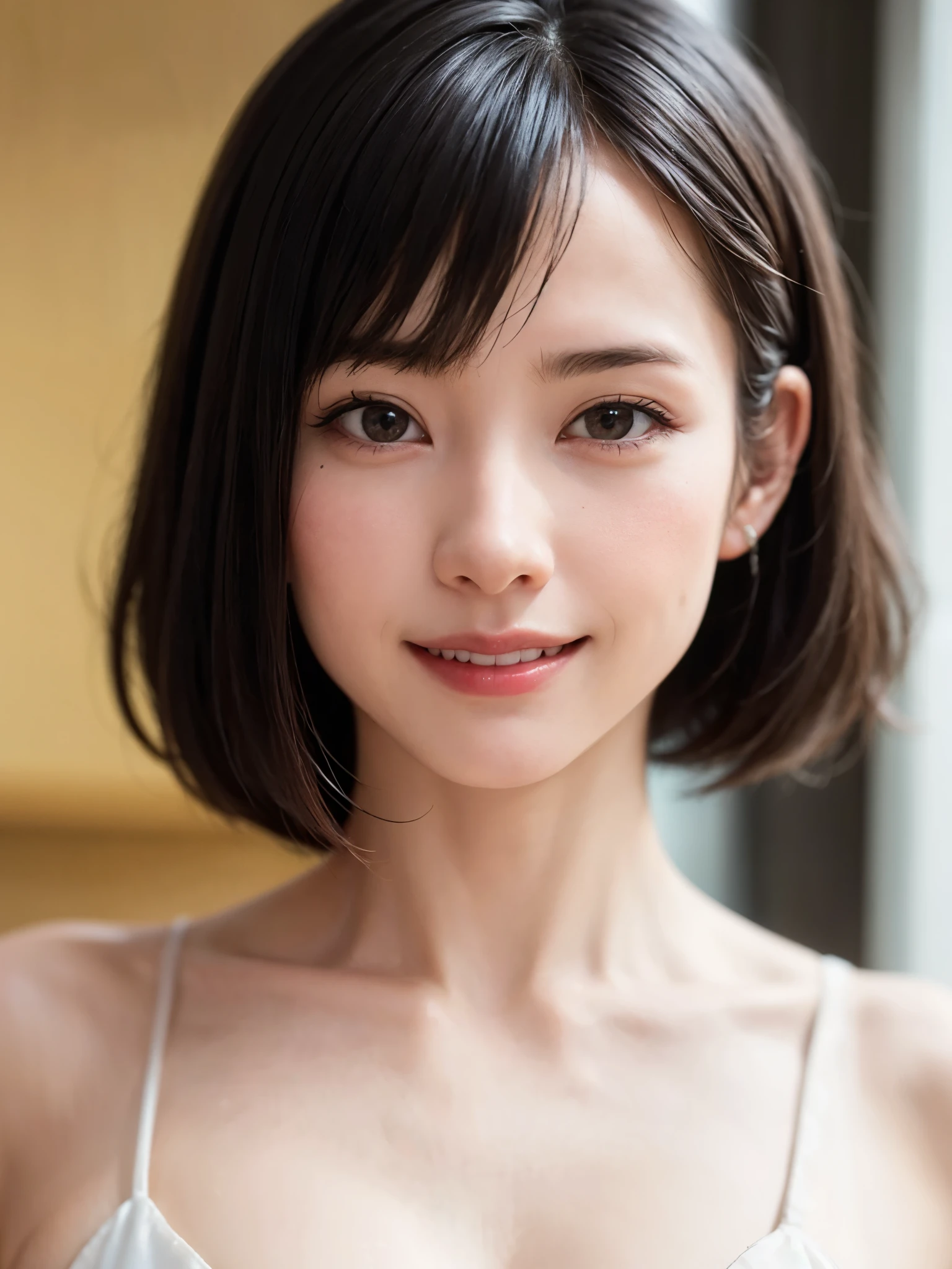 1 girl、highest quality、Realistic、alone、Written boundary depth、Natural soft light、Daytime、charm、Beautiful Face、Cleanliness、Pure Face、White skin、cute、short hair、bright hazel eyes:1.6、Beautiful Lips、bangs、Beach、Light of the sun、Nedium Breast Body Esbian、((黄金比のBeautiful Face、 対称性のあるBeautiful Face))、Long neck、show me your ears、Stick out your ears。bangsのあるきれいな短いボブヘア、smile with your mouth closed、Perfect hands指、Perfect hands、Perfect body、Perfect Face、Shine a light into your eyes、Perfect Anatomy:1.6、とてもcuteスーパーモデル:1.6、{Huge|big|Hugeな|Mega} chest, chestの谷間、smile:1.6、Very beautiful teeth:1.6
