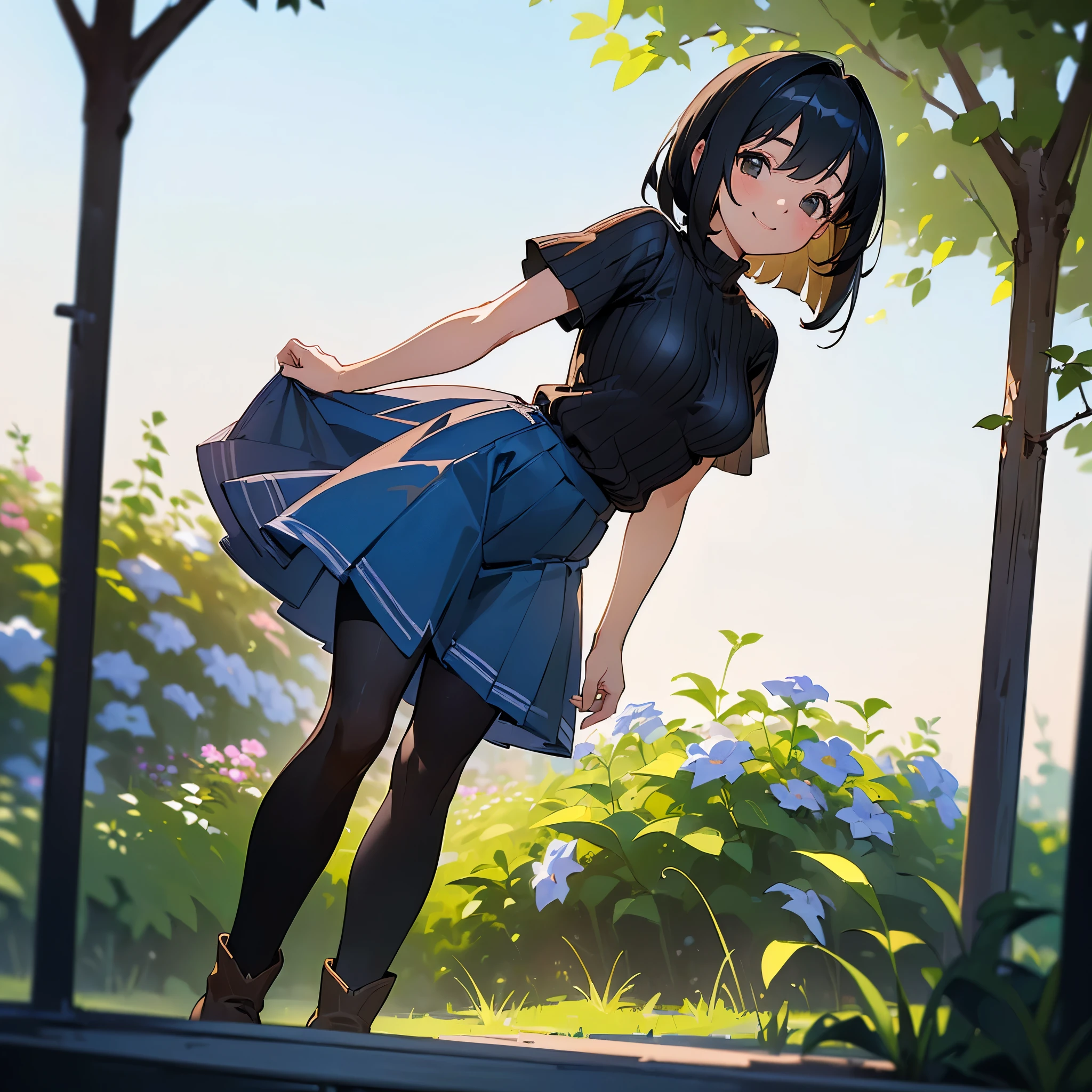 (high quality, High resolution, Very detailed, reality:1.37), Peaceful atmosphere, (Outdoor, garden), teenage girl standing alone, (my breasts are big.), Beautiful detail features, Cute Smile, (Black bob hair), Short sleeve ribbed sweater, Blue Skirt, black tights, Brown boots.