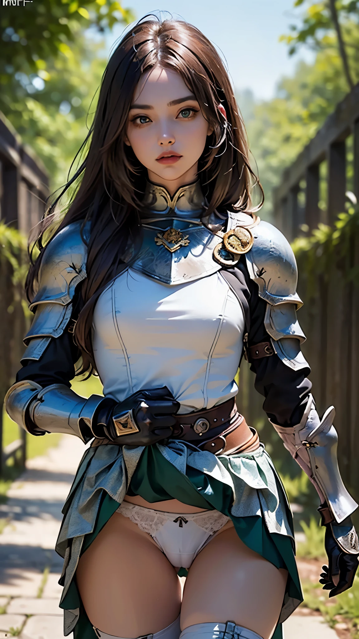 (female warrior: 1.5), (brunette warrior girl: 1.3), 1 girl, solo, pretty girl, young girl, (black hair), (green eyes), thin girl, small breasts, pretty face, slim waist, thin legs , gap between thighs, (knight's armor), (steel breastplate, steel gauntlets, steel gloves: 1.1), (green mini skirt: 1.3), (skirt lifted by itself: 1.1), (skirt lift: 1.3), (showing white panties: 1.3), white panties, tiny panties, (cameltoe: 1.2), frontal, (cowboy shot), medieval fantasy, Dungeons and dragons, RPG character, best quality, (masterpiece), ultra-realistic, 8k, (At SFW:1.7)