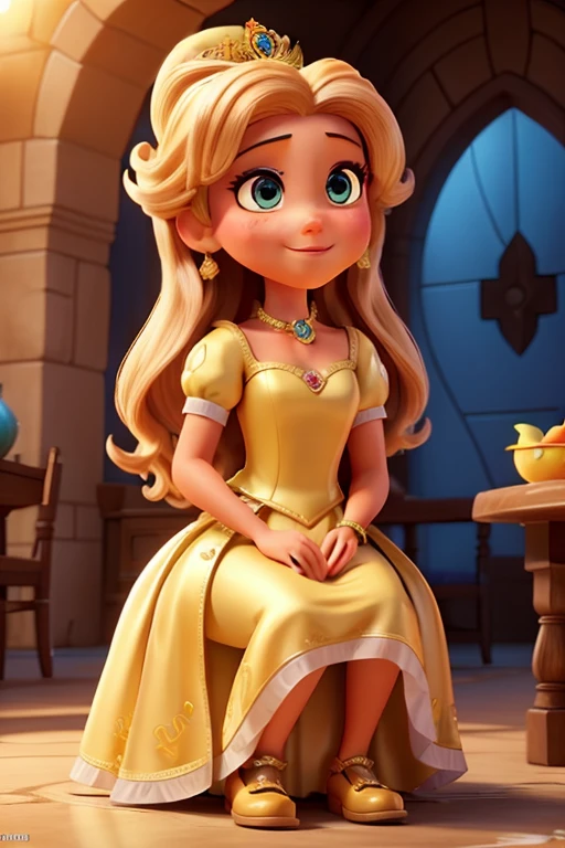 Description: Neste encantador desenho estilo Disney, a princess is portrayed. She is adorned in a splendid dress, a cor de mil pores do sol, com uma delicada coroa floral enfeitando seu longo, fechaduras douradas. A cena se passa em um ambiente imaculado, Ambiente com qualidade Pixar, where the sun sheds heat, brilho dourado sobre a terra. The princess is sitting at a richly set table, desfrutando de um suntuoso banquete, sua boca se curvou em um sorriso satisfeito, seus olhos brilhando de prazer.

fazer: For this Disney action cartoon, let&#39;s pay close attention to the princess&#39;s features. your face is heart shaped, com