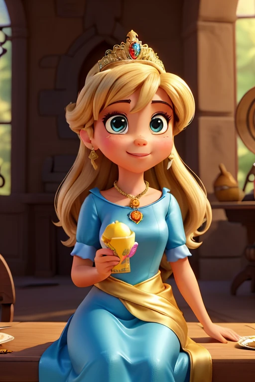 Description: Neste encantador desenho estilo Disney, a princess is portrayed. She is adorned in a splendid dress, a cor de mil pores do sol, com uma delicada coroa floral enfeitando seu longo, fechaduras douradas. A cena se passa em um ambiente imaculado, Ambiente com qualidade Pixar, where the sun sheds heat, brilho dourado sobre a terra. The princess is sitting at a richly set table, desfrutando de um suntuoso banquete, sua boca se curvou em um sorriso satisfeito, seus olhos brilhando de prazer.
fazer: For this Disney action cartoon, let's pay close attention to the princess's features. your face is heart shaped, com
