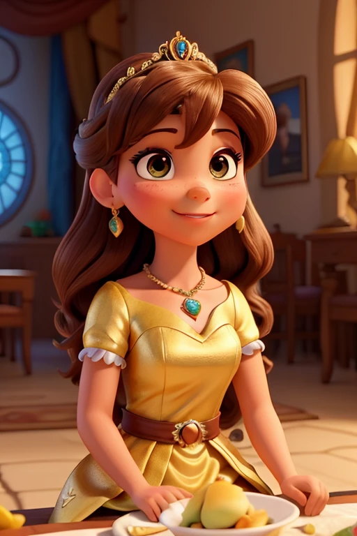 Description: Neste encantador desenho estilo Disney, a princess is portrayed. She is adorned in a splendid dress, a cor de mil pores do sol, com uma delicada coroa floral enfeitando seu longo, fechaduras douradas. A cena se passa em um ambiente imaculado, Ambiente com qualidade Pixar, where the sun sheds heat, brilho dourado sobre a terra. The princess is sitting at a richly set table, desfrutando de um suntuoso banquete, sua boca se curvou em um sorriso satisfeito, seus olhos brilhando de prazer.
fazer: For this Disney action cartoon, let's pay close attention to the princess's features. your face is heart shaped, com