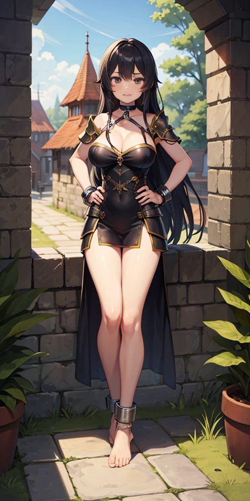 full body, barefoot, solo, female, big breast ,linen tunic, fantasy village, armor, Handcuffs on their hands, With a collar around the neck, hands on hips, slave, ((black choker, shackles on legs and arms))