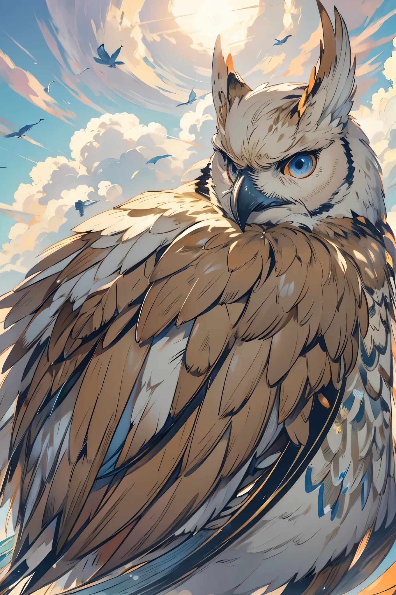 Close-up of falling bird feathers, Color (White, Brown, Orange,Gray, Colored) spinning, fall with the clouds, feather wind, fluffy clouds, casimir art, illustration of shigenori soejima, boris valejo. Detailed drawing of an anime character, detailed anime key figure, Granblue Fantasy, Beautiful owl in demon slayer art, Taisho Roman, A clear portrait of an RPG, Masamune Shiro, anime key figure