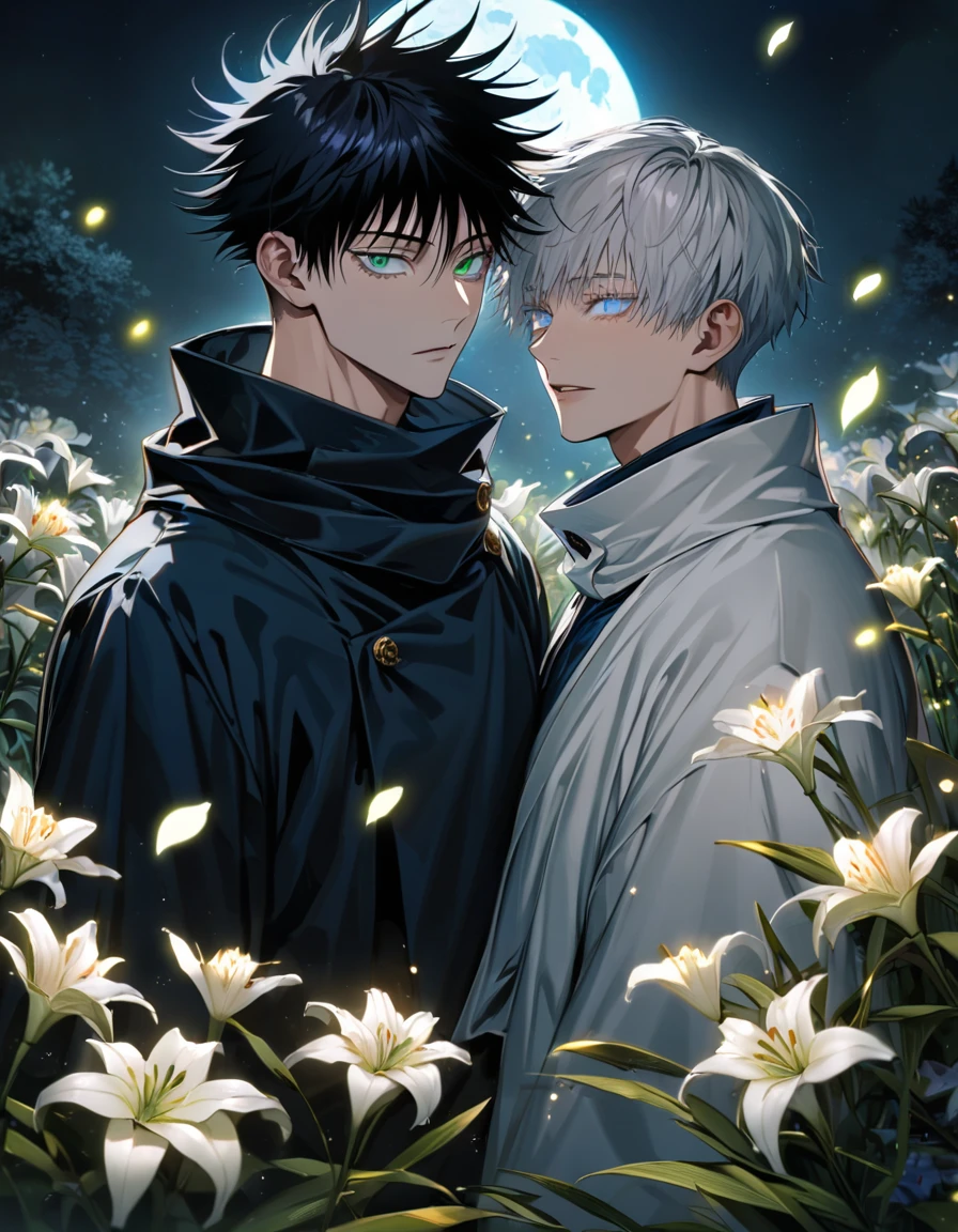 Ultra detailed, highres, absurdres, HDR, Fushiguro Megumi, black hair, green eyes, Gojou Satoru, white hair with bangs, blue eyes, white eyelashes, Jujutsu Kaisen, lilies flowers, petals, fireflies, moon, 2 men together, gay couple, handsome, very detailed face and eyes, black scarf, white haori,