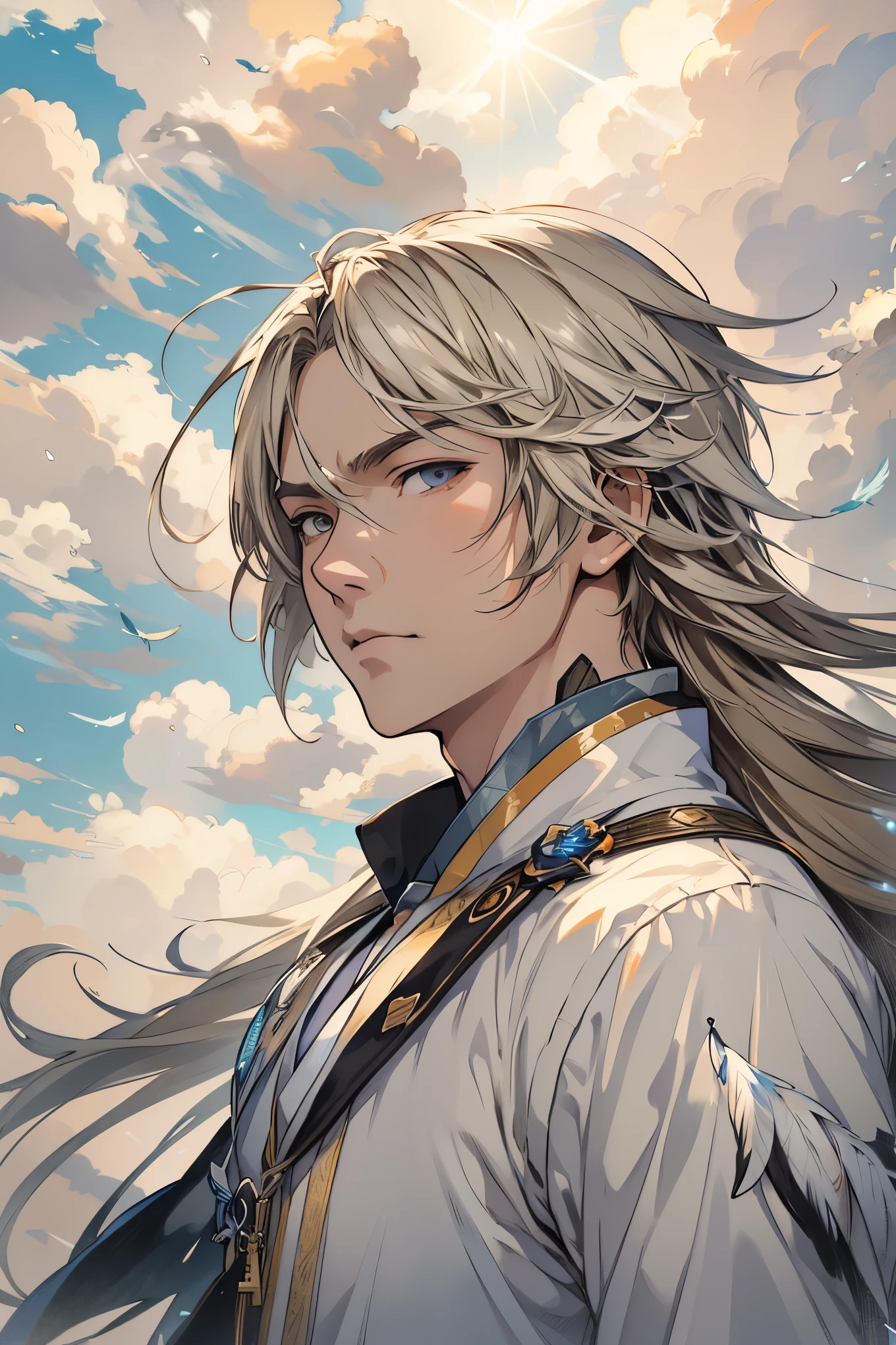 Close-up of falling bird feathers,  Color (White, Brown, Orange,Gray, Colored)  spinning, fall with the clouds,  feather wind, fluffy clouds, casimir art, illustration of shigenori soejima, boris valejo.  Detailed drawing of an anime character, detailed anime key figure, Granblue Fantasy, Beautiful owl in demon slayer art, Taisho Roman, A clear portrait of an RPG, Masamune Shiro, anime key figure