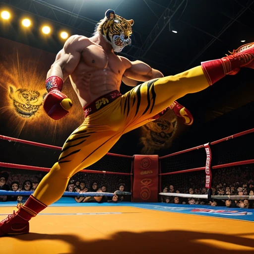 tiger mask creature, Muay Thai style, yellow and red colors, kicking pose, full body, Animal Anthropomorphism, realistic digital, humanoid, abstract background, global illumination, intricate, epic, dramatic, masterpiece, high detail, best quality, ultra high res