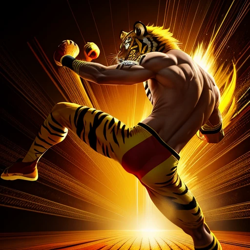 tiger mask creature, Muay Thai style, yellow and red colors, kicking pose, full body, Animal Anthropomorphism, realistic digital, humanoid, abstract background, global illumination, intricate, epic, dramatic, masterpiece, high detail, best quality, ultra high res