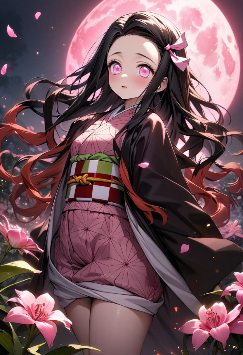 absurdres, highres, ultra detailed, HDR, master piece, best quality, Kamado Nezuko, expressive pink eyes, Kimetsu No Yaiba, 1woman, extremely beautiful, pink petals, pink lilies, pink moon, fireflies