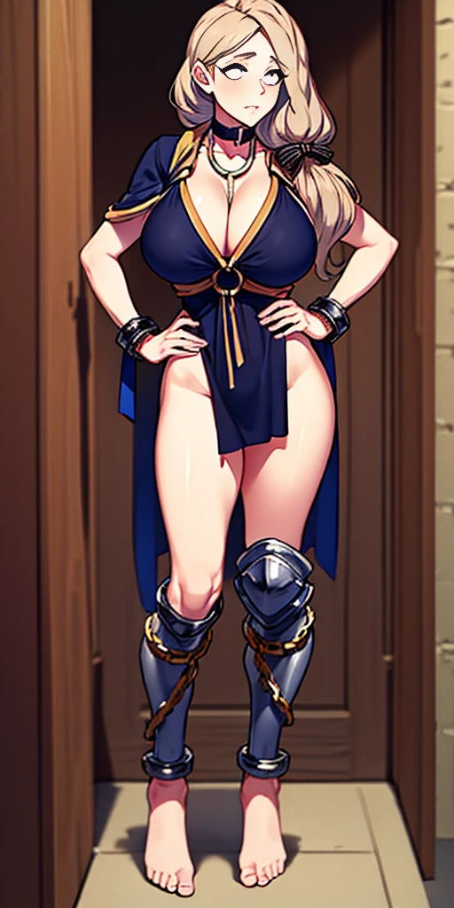 full body, barefoot, solo, female, big breast ,linen tunic, fantasy village, armor, Handcuffs on their hands, With a collar around the neck, hands on hips, slave, ((black choker, shackles on legs and arms))