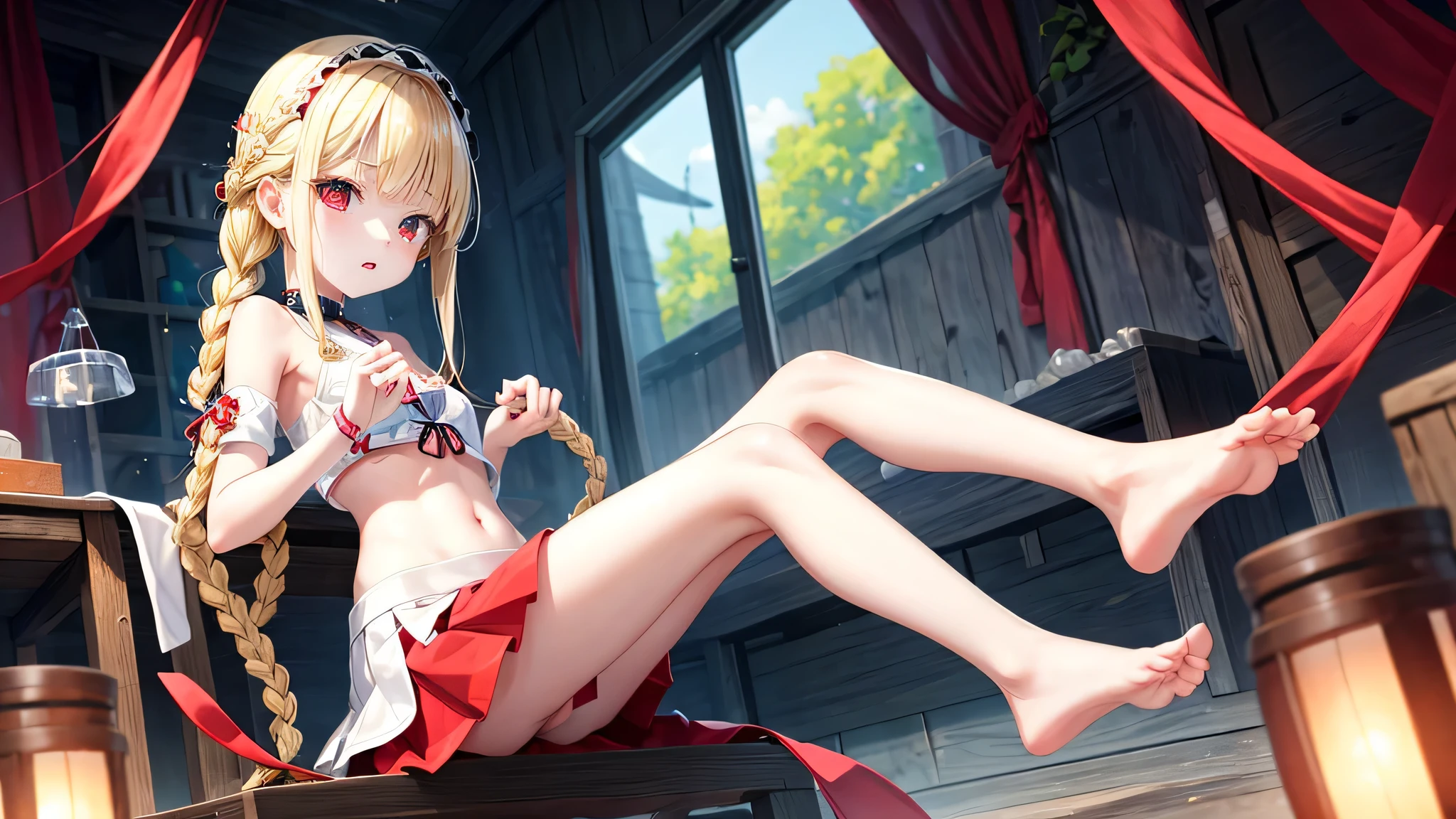 I'm 、blonde、Braiding、Red eyes、1 cute girl、alone、And soul、、mini skirt、transparent white skin、White skin、Beautiful Skin、Beautiful feet、Slim Legs Park、Sit on