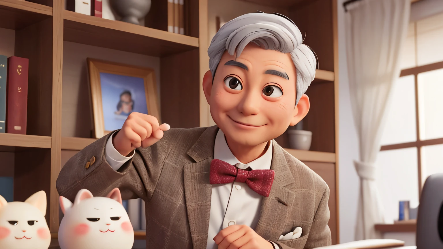 One refreshing Japanese man in his 50s, gray hair、Small, Cute, round eyes、round face, The body is facing straight ahead towards the camera., looking at viewer, smile, Wearing a brown tweed blazer, White shirt with bow tie, Clean and bright office, Modern desk and bookshelf