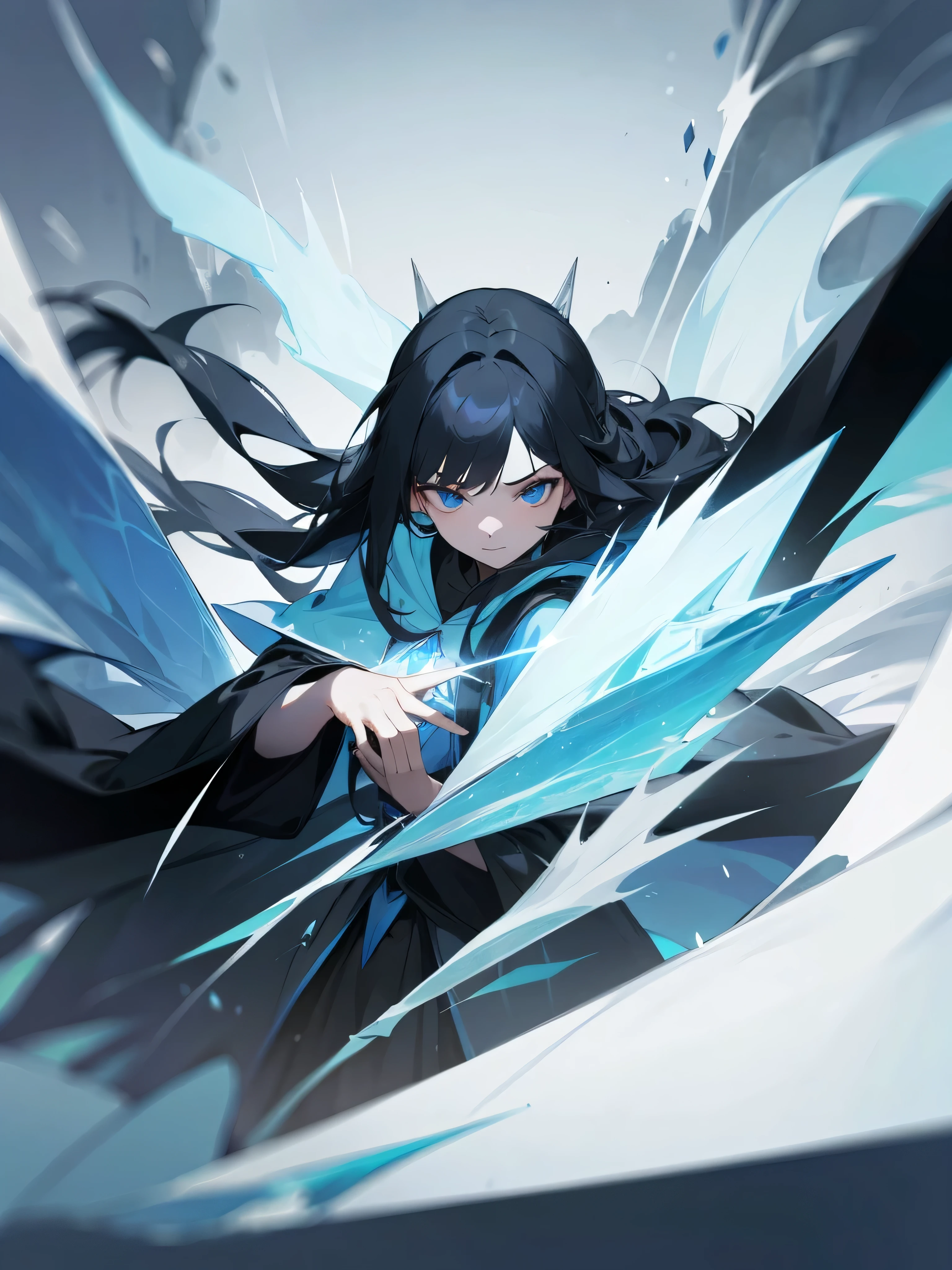 1girl, long black hair, blue eyes, wearing ice mage robes, grey background, frost magic, absurdres, high res, ultrasharp, 8K, masterpiece, looking at viewer, separated hands, full body, same face, fit everything within frame