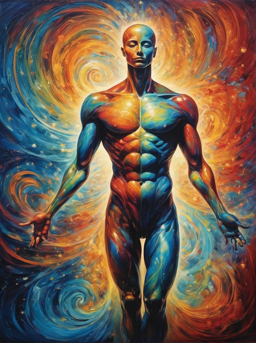 Blurred abstract representation of human,With a surreal twist,The image is not intended to depict any particular person,It is to awaken universal consciousness of humanity.,Elements can include faces,Body,Hands or feet,But they are all highly stylized,The background of the image should be a swirling mix of bright colors that contrasts with the figure.,Creates a surreal and dreamlike atmosphere。