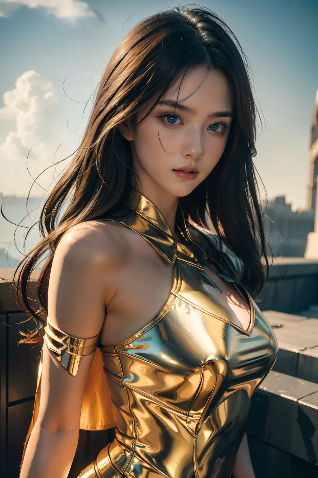 Delicate face,Long hair with golden shawl,Big blue eyes, cloud background,Art Deco, concept art, , Realism, Cubism, Awards, Super Detail, Ultra HD, retina, anatomically correct, High Detail, best quality, high resolution, high quality, textured skin, masterpiece, 4K