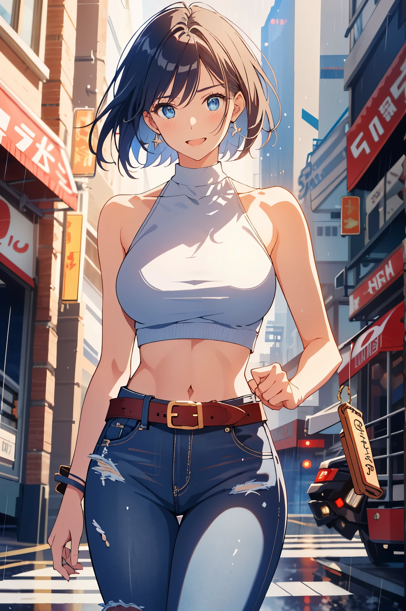 maryms, Best Quality,(beauty), 1girl,phisically-based render ,ultra highres,(cowboy shot:1.5),narrow waist, skinny, LeonaMS , big blue eyes,long legs,jeans,leather belt,big breasts,puffy eyes, leather belt,(rainy city), shiny skin, facing viewer, excited to fight