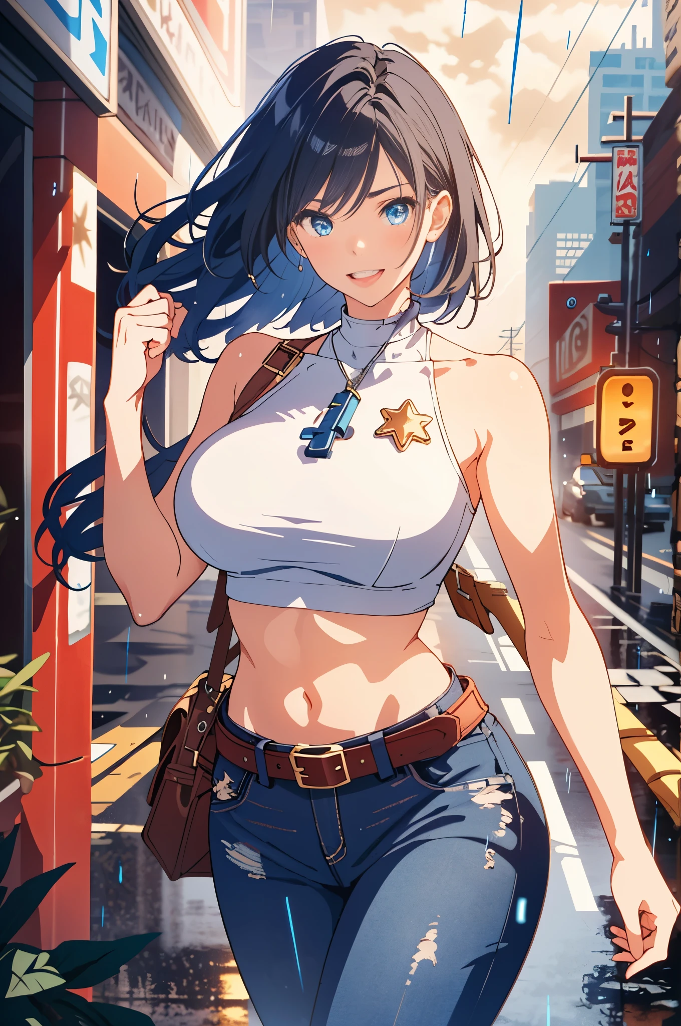 1 girl, denim, belly button, small breasts, belt buckle, street snap, cyberpunk japan background, neon sign