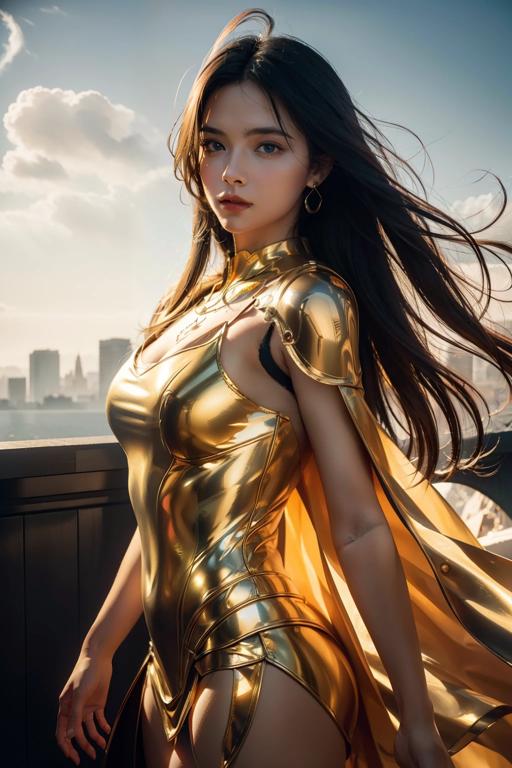 Delicate face,Long hair with golden shawl,Big blue eyes, cloud background,Art Deco, concept art, , Realism, Cubism, Awards, Super Detail, Ultra HD, retina, anatomically correct, High Detail, best quality, high resolution, high quality, textured skin, masterpiece, 4K