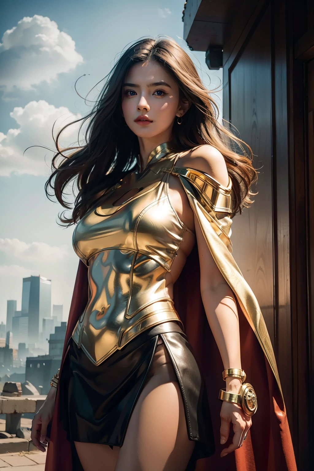 Waist up (perspective angle from bottom to top) super heroine hot girl (masterpiece), best quality, expressive eyes, perfect face, art in fantasy mythic action effect, sharp focus, wearing super detailed suit with mechanicles part & hero cape, cybersamurai, glowing, holding sword