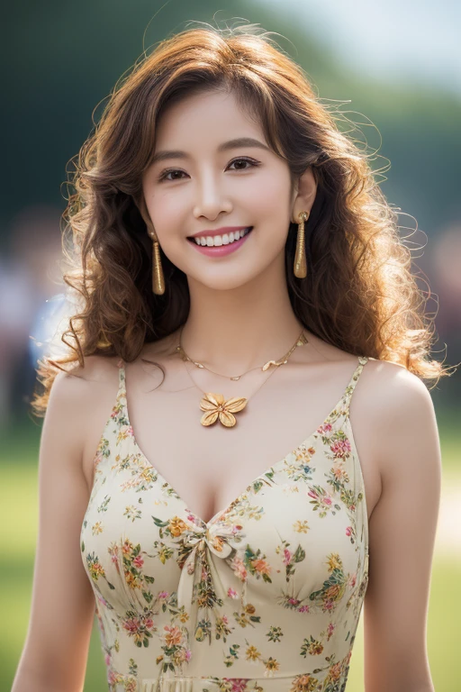 Masseter area, best quality, masterpiece, high resolution, Reality, original photo, 8k wallpaper, Perfect, Professional lighting, Very detailed, Writing border depth, ((A beautiful woman)), ((40 years)), Sexy woman, ((Wearing a floral mini dress :1.3)), ((Looking at the audience's eyes)), Delicate face, 漂亮s eyes, (Sit up straight), ban, Small, well-shaped breasts,Extra-long brown hair, The lips are weak,Soup,((Extra-long brown hair:1.2))((#1: Fluffy, curly wavy hair:1.2)),((Golden necklace_Big earrings:1.2)),((Shy smile:1.3)),((Full body supermodel standing, The whole body is included in the frame))、full-body shot、((Shy smile:1.3))((light,Tyndall effect,outdoor,cloud:1.4)),