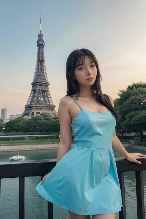 a beautiful japanese girl.masterpiece.Ultra-high resolution.8K.perfect anatomy.black hair.star eyes.Wearing an aqua blue dress with the Tokyo Tower in the distance as the background.Photograph.