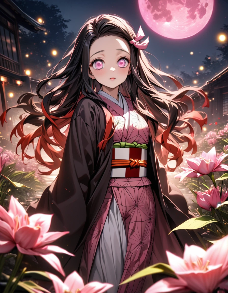 absurdres, highres, ultra detailed, HDR, master piece, best quality, Kamado Nezuko, expressive pink eyes, Kimetsu No Yaiba, 1woman, extremely beautiful, pink petals, pink lilies, pink moon, fireflies