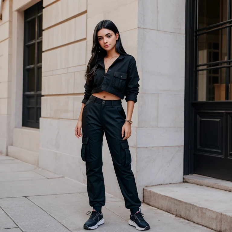 girl, beautiful, teenager, black hair, blue eyes, black cargo pants, Isis Valverde's face, Full body Photograph