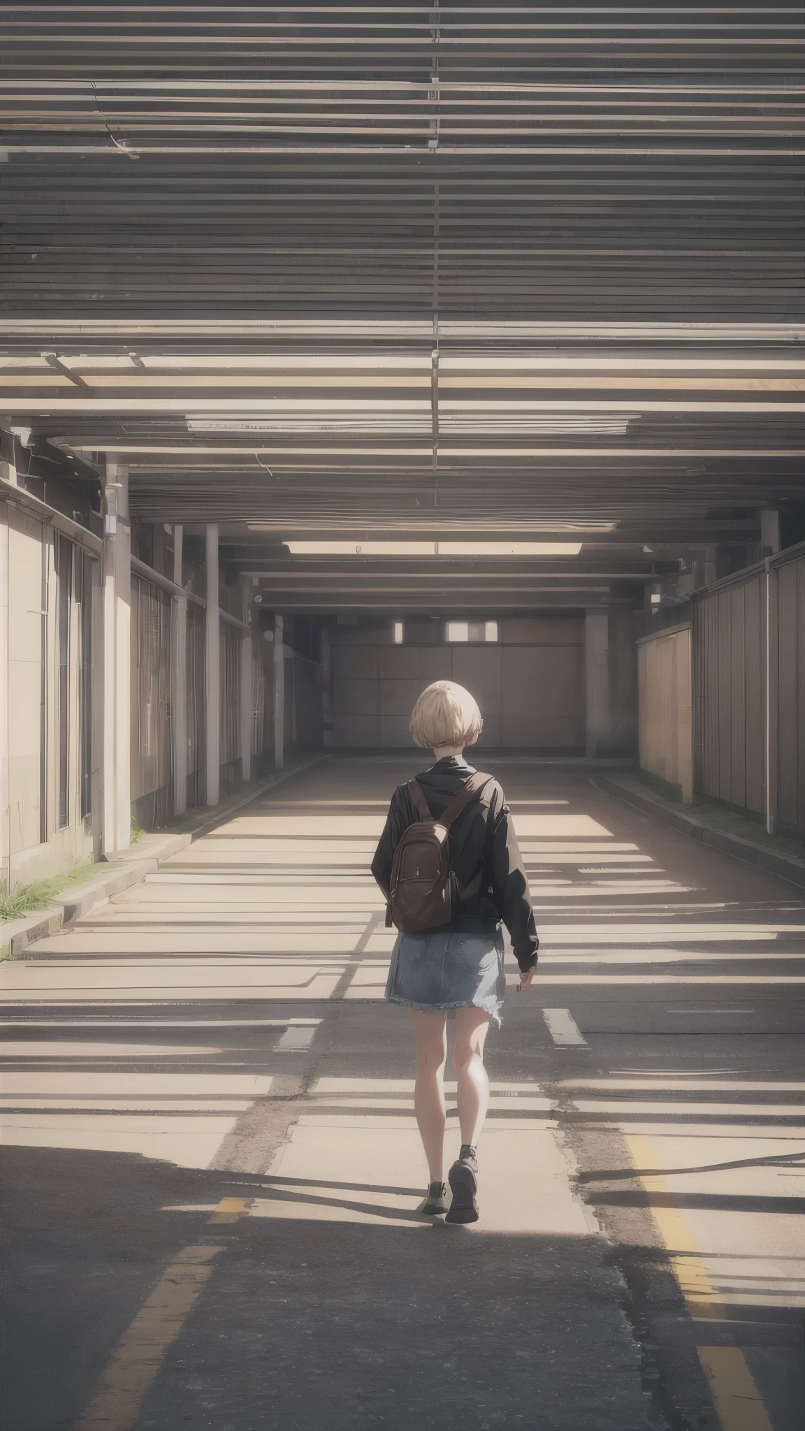 (best quality,4k,highres,ultra-detailed,realistic:1.2) inside the empty parking yellowed wallpaper and yellow carpet,the parking with no ligno doors,the dim parking,((one 20years old woman,blonde short hair)),walking in the parking