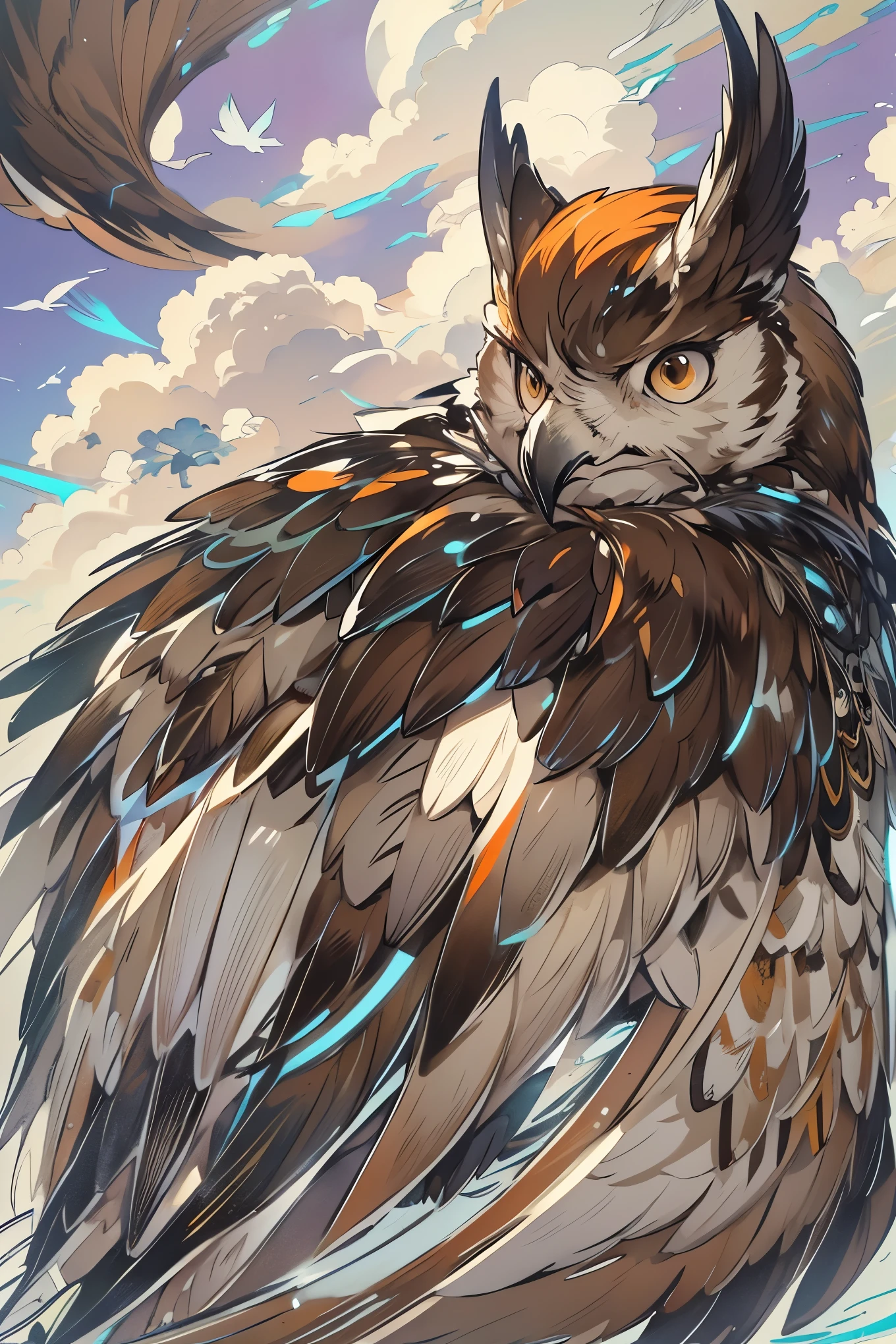 Close-up of falling bird feathers, Color (White, Brown, Orange,Gray, Colored) spinning, fall with the clouds, feather wind, fluffy clouds, casimir art, illustration of shigenori soejima, boris valejo. Detailed drawing of an anime character, detailed anime key figure, Granblue Fantasy, Beautiful owl in demon slayer art, Taisho Roman, A clear portrait of an RPG, Masamune Shiro, anime key figure